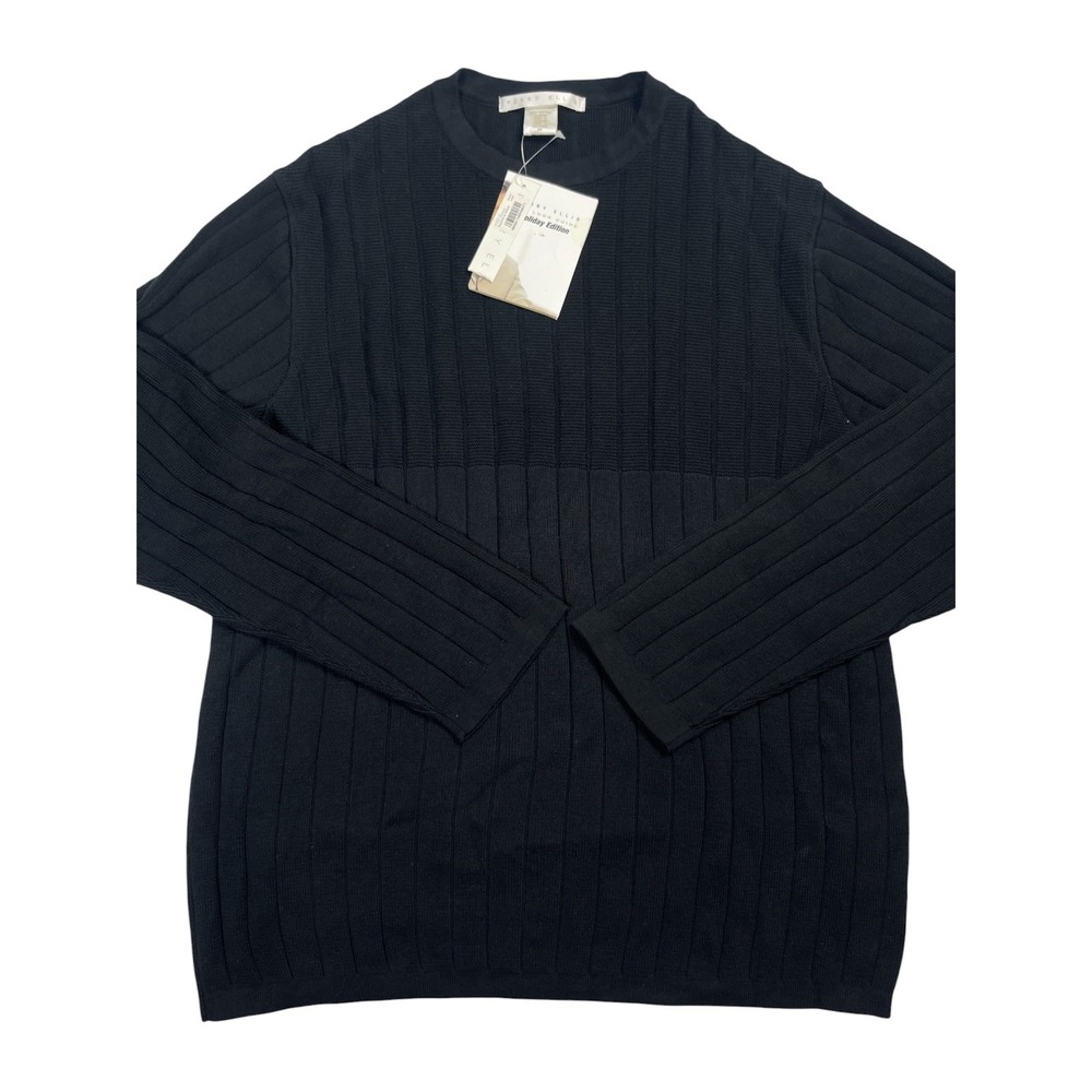 Perry Ellis Men's Sweater Medium Black Crew Neck Ribbed Knit 100% Cotton NWT